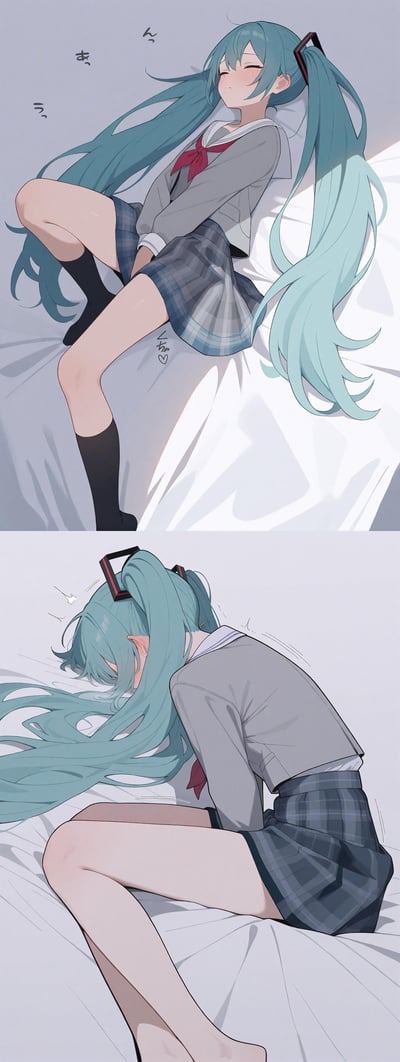 这是由上下两格组成的连环同人漫画，主角是VOCALOID的经典角色初音未来。上格中，初音身着灰水手服校服，躺在床上惬意打盹，脸颊带着红晕，旁边的日文拟声词烘托出放松的休憩氛围；下格则是她失去平衡向前栽倒，长发散落在床上，身体前倾的姿态生动表现出犯困到失神的瞬间，整体画风清新柔和，将角色的软萌慵懒感拉满。