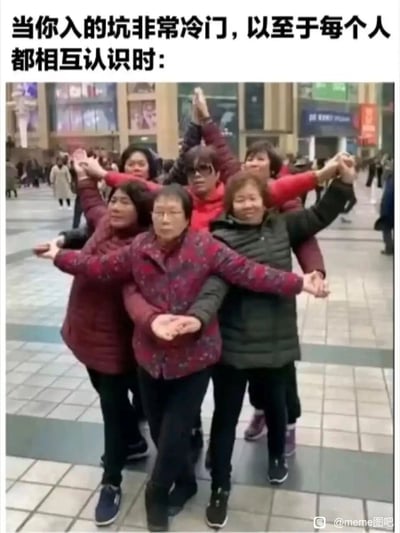 这是一张精准吐槽冷门兴趣圈子的搞笑梗图，上方配文“当你入的坑非常冷门，以至于每个人都相互认识时:”，下方是街头实拍的几位中老年女性手拉手、身体紧密靠在一起组成小集体的画面。用这个紧密无间隙的小团体形象，生动幽默地比喻冷门圈子的核心特点——圈子规模极小，圈内成员几乎全部互相认识，精准戳中冷门圈子爱好者的共鸣，通过生活化的场景和吐槽文案的结合，制造出反差搞笑的效果。