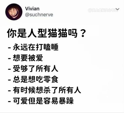 这是一张来自X平台的推文截图，整体为白底配黑色文字，左上角是发布者Vivian的圆形头像，头像是经过拼接的搞怪人，咧嘴露出奇怪的笑容；发布者名称标注为Vivian，账号为@suchnerve；图片主体是黑色大号文字，先提出问题“你是人型猫猫吗？”，随后列出了六条“人型猫猫”的特征，分别是永远在打瞌睡、想要被爱、受够了所有人、总是想吃零食、有时候想杀了所有人、可爱但是容易暴躁；图片右上角带有中文水印“@网上虚拟交心不宣”，内容是对当代人常见状态的趣味总结，容易引发网友共鸣。
