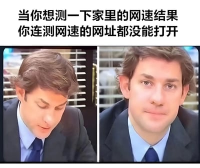 这是一张左右对比的梗图，上方配有文字'当你想测一下家里的网速结果 你连测网速的网址都没能打开'。左侧画面中，吉姆·哈尔珀特低头露出失望沮丧的表情；右侧画面中，他抬头露出困惑茫然的表情。通过角色表情的强烈对比，幽默地表现了网络速度过慢导致无法进行网速测试的无奈处境。