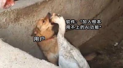 这是一张文字加注的静态梗图，画面呈现了一只狗被卡在水泥槽中，一只鹅正啄住狗的嘴部，狗的表情看起来无奈又被动，鹅则显得十分强势。图中用文字将狗标注为“用户”，将鹅标注为“软件：*加入根本用不上的AI功能*”，以此构建比喻：把软件开发者不顾用户实际需求、强行添加冗余AI功能的行为，比作鹅强行骚扰无法挣脱的狗，精准吐槽了软件盲目跟风添加无用功能、给用户带来困扰的现象，能引发有类似经历的用户强烈共鸣。