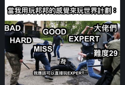 这是一张音游圈的搞笑梗图，用街头多人围殴一人的实拍照片，配上《BanG Dream!》（邦邦）与《世界计划 彩色舞台 feat. 初音未来》（世界计划）两款音游相关的文字，调侃从邦邦转玩世界计划的玩家高估自身实力的惨状。
图中倒地的人标注为「我」，代表玩家，周围的人分别标注游戏中的判定词（BAD、MISS、GOOD）、难度等级（HARD、EXPERT、难度29）以及「大佬们」，玩家一开始自信满满觉得「我应该可以直接玩EXPERT...」，结果被高难度和各种失败判定「围殴」倒地，形象地表现出两款音游的难度跨度带来的强烈挫败感，十分搞笑。
