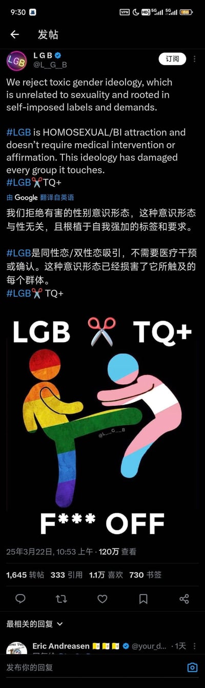这是一张X平台（原推特）的发帖截图，认证账号LGB发布内容，表达拒绝所谓“有害性别意识形态”的立场，将LGB（同性恋/双性恋）与TQ+（跨性别等群体）切割，称LGB只是性取向，不需要医疗干预，而相关意识形态损害了所有触及的群体。配图为原创卡通图：彩虹配色的LGB形象踢开跨性别旗帜配色的TQ+形象，中间用剪刀图案表示切割，下方配粗口文字“F*** OFF”，整体呈现出LGB群体与TQ+群体的对立态度，内容具有较强的争议性。