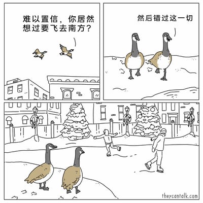 这是一则三格连环卡通漫画，采用动物拟人化的创作手法。第一格中，两只大雁在城市上空飞行，其中一只大雁对同伴发出感慨：“难以置信，你居然想过要飞去南方？”；第二格画面切换到积雪的地面，两只大雁正在行走，刚才说话的大雁继续说道：“然后错过这一切”；第三格展现了充满节日氛围的冬日广场，广场上有装饰好的圣诞树，两名市民在冰面上快乐地滑冰，两只大雁站在一旁静静观望，用温馨的冬日场景呼应了前一格大雁的话语，说明留在北方也能体验到独特的冬日乐趣，打破了大雁为避寒南飞的固有认知，充满幽默反差感。