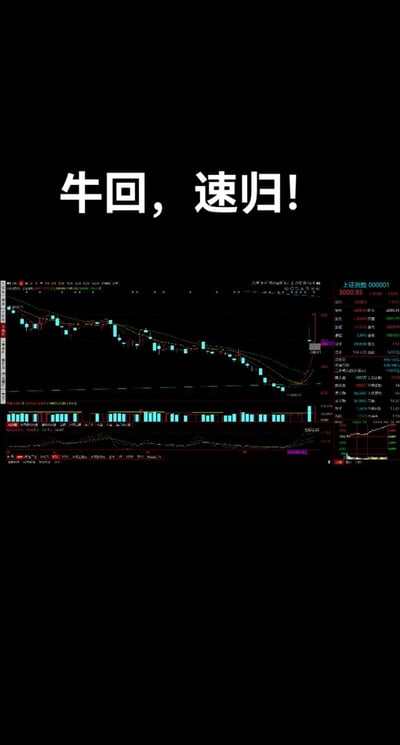 图片上方为醒目白色文字'牛回，速归！'，下方是股市交易软件的K线图界面，显示股票价格走势。整体表达了投资者对牛市回归的强烈期盼，是2024年中国股市政策利好后流行的网络梗图。