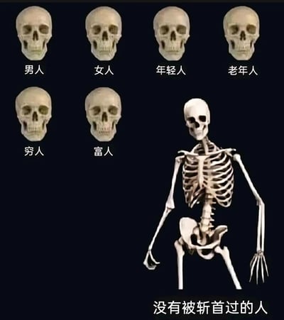 这是一张充满黑色幽默的网络梗图，画面上方整齐排列着六款外观几乎完全相同的人类头骨，分别被标注了“男人”“女人”“年轻人”“老年人”“穷人”“富人”这些代表不同社会身份与属性的标签，暗示在死亡面前，所有的社会身份、年龄性别、贫富差异都会被消解，头骨的外观没有区别；画面右下角是一具完整的人类骷髅，下方标注“没有被斩首过的人”，通过荒诞的反差制造笑点——前面的头骨都被默认为“被斩首的”，唯有这具完整骷髅是特殊的，用这种戏谑的方式强化了“死亡面前人人平等”的内核，属于典型的网络黑色幽默迷因。