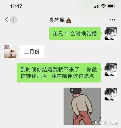 这张梗图模拟了一段微信聊天，内容是一位朋友被邀参加婚礼时，用幽默的方式搪塞，不打算去现场，而是用微信转账随份子钱，并自嘲“在随便这边吃点”。配图是一副表情搞怪、做出挠屁股动作的卡通人物，进一步加强了场面尴尬且装作洒脱的氛围。

图片用语幽默讽刺，侧面反映了一些人对“份子钱”人情社交的无奈与吐槽。图片最后还搭配了一张搞笑的插画，加深了“双关+荒诞”的调性。
