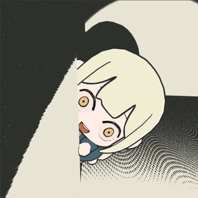 这是一张静态卡通单图，画面呈现出一个浅金色短发的卡通女孩，从深色的门后探出头来，她的眼睛圆睁，嘴巴张开，露出兴奋又好奇的神情，背景是带有纹理的深色地面与浅色墙面，整体画风简约可爱。该图没有双关、谐音梗或暗示内容，主要用来表达好奇、期待或者想要偷偷观察的情绪。