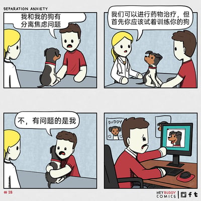 这是一组四格原创卡通连环漫画，主题围绕“分离焦虑”展开反转幽默：第一格中，男主人带着名叫Buddy的小狗坐在宠物医生面前，面露愁容地表示自己和狗有分离焦虑问题；第二格宠物医生给出诊疗建议，称可以进行药物治疗，但首先应该训练小狗；第三格男主人急忙抱着小狗辩解，强调有分离焦虑问题的是自己；第四格揭示真相，男主人在上班的工位上，正对着电脑里的小狗画面，表现出强烈的不舍，原来无法忍受和小狗分离、需要远程“陪伴”的是男主人自己，完成了从“宠物有分离焦虑”到“主人有分离焦虑”的趣味反转。
