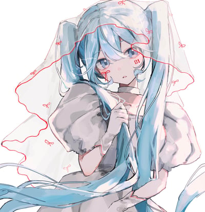 这是一幅虚拟歌手初音未来的同人插画，画面中的初音未来有着标志性的冰蓝色双马尾长发，身着浅灰色泡泡袖婚纱，头戴点缀红色小蝴蝶结的白色头纱，头纱边缘用红色线条勾勒出波浪形。她的脸颊右侧印有标志性的"01"标识，眼神澄澈温柔，一只手轻握着自己的发尾，整体画风是清新的水彩质感，色彩柔和，氛围梦幻治愈，图中没有双关、谐音梗或暗示类内容。