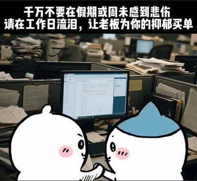 图片上方有白色大字标语“千万不要在假期或周末感到悲伤 请在工作日流泪，让老板为你的抑郁买单”，背景是杂乱的办公室隔间场景，桌上堆满文件，电脑屏幕显示文档内容。前景有两个卡通小白形象，脸颊粉红，其中一个戴着蓝色帽子，二者似乎在互动。整体通过幽默方式吐槽职场压力，建议将负面情绪留在工作时间。