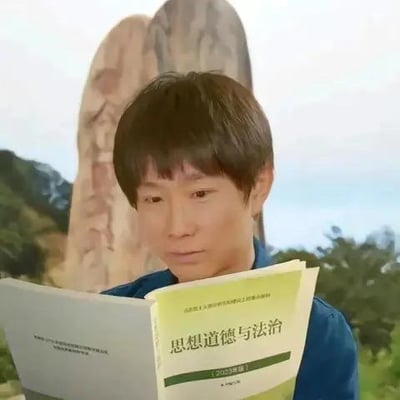 这是一张AI生成的趣味视觉错位图，背景的山峰与人物头部完美重合，营造出人物拥有山峰造型发型的错觉，人物正低头专注阅读一本《思想道德与法治（2023年版）》的大学教材，利用视觉错觉制造出新奇搞笑的效果，没有双关或谐音梗。