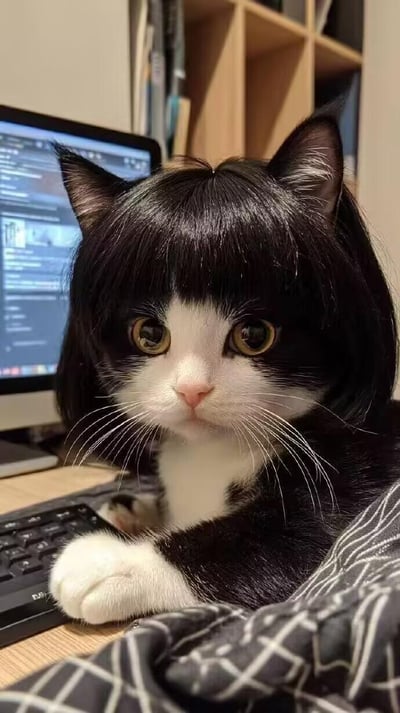 这张图展示了一只黑白奶牛猫趴在书桌的键盘上，它戴着一款黑色齐刘海假发，假发的形状和猫咪本身的毛色完美契合，视觉上仿佛是猫咪天生的发型。猫咪睁着圆溜溜的大眼睛，表情无辜又懵懂，前爪搭在键盘上，背景中可见打开的电脑屏幕与木质书架，整体场景酷似正在加班的打工人，画面搞笑又治愈，没有双关或谐音梗。