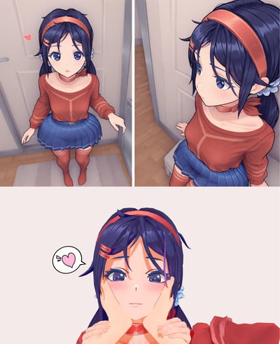 这是一组三格的AI生成二次元连环漫画，展现了甜腻的恋爱小场景：
1. 第一格：蓝发蓝眼、身着红上衣+蓝百褶裙+同色系长袜的少女推开房门，脸上带着惊讶又夹杂期待的神情，旁侧有粉色爱心符号，传递出忐忑的心动感；
2. 第二格：少女凑近镜头，神情变得羞涩，手轻放在身侧，姿态局促又温柔；
3. 第三格：视角切换为第一人称，双手捧住少女的脸颊，少女瞬间脸颊泛红，眼神里满是羞涩的心动，旁边的对话气泡里是带感叹号的粉色爱心，将甜蜜的氛围拉满。
整组图没有双关、谐音梗或暗示内容，是纯粹的恋爱向治愈场景。
