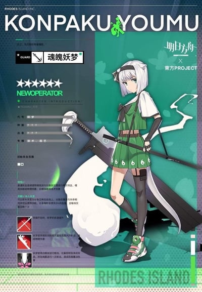这是一张ACG爱好者自制的《明日方舟》与《东方Project》的联动干员档案图，将《东方Project》中的角色魂魄妖梦设计为明日方舟的近卫干员。画面右侧是身着明日方舟风格服饰、背负大剑的魂魄妖梦立绘，左侧按照明日方舟干员档案的格式，详细列出了妖梦的代号、专精、特性、天赋以及三个技能的设定，整体视觉风格贴合明日方舟的官方干员介绍界面，是粉丝向的同人二次创作作品。