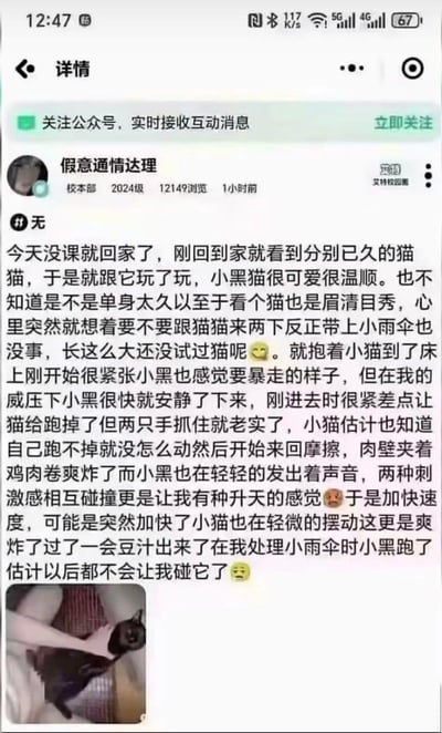 这是一张校内互动社区（校园圈）的用户发帖截图，发布者为标注“校本部2024级”的用户“假意通情达理”，帖子内容为该用户自称单身太久，回家后对自家小黑猫产生违背伦理的不当想法，并详细描述了试图与猫发生不当行为的过程，还配上了一张自己抚摸小黑猫的照片。<br>⚠️ 内容包含严重违背公序良俗、低俗恶劣的人兽相关不当言论，完全不符合社会伦理道德与公序良俗。