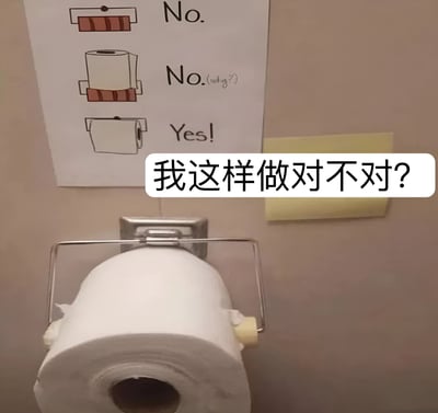 图片展示了一个卫生间场景，墙上贴着一张手绘指示牌，上面用三幅简笔画和文字标注了卫生纸的安装方向：顶部两幅图旁分别写着“No.”（可能代表错误安装方式），最下方一幅图旁写着“Yes!”（代表正确安装方式）。指示牌下方是一个金属卫生纸架，上面安装着一卷卫生纸。图片中央有一个白色文字气泡，内容为“我这样做对不对?”，以幽默的方式呼应了指示牌内容，暗指人们对卫生纸安装方向的常见纠结。