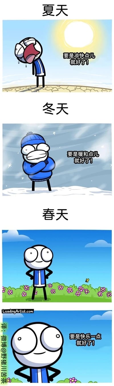 这是一组四格连环漫画，依次展现了卡通角色在夏、冬、春三个季节的状态与内心想法：第一格夏天，角色站在被烈日暴晒的干裂地面上，吐舌流汗，痛苦地想着“要是凉快点儿就好了！”；第二格冬天，角色站在冰天雪地中，缩着身子冻得难受，内心期盼“要是暖和点儿就好了！”；第三格春天，角色站在开满鲜花的草地上，环境明媚舒适，角色叉腰站立，看起来状态不错；第四格是角色的特写，此时他的内心却冒出“要是快乐一点就好了！”的想法。漫画通过前后的反差，讽刺了人总是难以满足、无法从当下的舒适中获得快乐的心态。