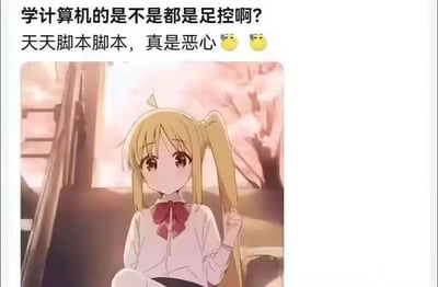 图片上方是一段调侃计算机专业学生的文字：'学计算机的是不是都是足控啊？天天脚本脚本，真是恶心 😒😒'，利用'脚本'（编程术语）与'脚本'（谐音'脚'相关）制造幽默。下方是一张动漫风格的插画，画面中是一位金发双马尾少女，身穿白色上衣搭配红色蝴蝶结，正坐在带有粉色调背景的场景中，表情看起来较为平静。