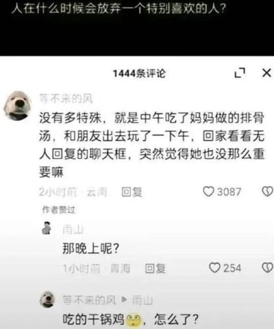 这是一张社交媒体评论区的截图，顶部提问：“人在什么时候会放弃一个特别喜欢的人？”
用户「等不来的风」分享自己的经历：中午喝了妈妈做的排骨汤，和朋友玩了一下午，回家看到无人回复的聊天框，突然觉得对方没那么重要。用户「雨山」追问「那晚上呢？」，得到的回复却是「吃的干锅鸡😳，怎么了？」
原本以为会是晚上情绪反扑的伤感场景，结果被美食的回答打破，用接地气的日常消解了情感的沉重，显得轻松又搞笑。