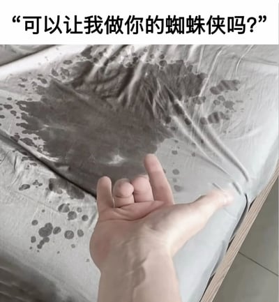 图片上方有文字"可以让我做你的蜘蛛侠吗？"，下方是一只手做出蜘蛛侠经典的喷丝手势，手掌前方是一块灰色床单，上面的深色污渍恰好形成了类似蜘蛛侠服装的图案。这张图通过视觉巧合和文字结合，创造出幽默效果，将普通的污渍床单与蜘蛛侠形象联系起来。