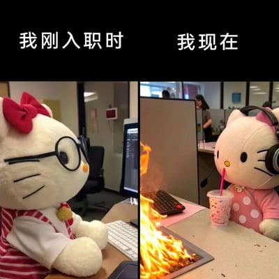 这是一张左右分栏的对比式职场梗图，左侧上方标注文字“我刚入职时”，画面中是戴着黑框眼镜、穿着红白条纹背带装的Hello Kitty玩偶，正端正地坐在办公桌前，专注地盯着电脑屏幕，神态认真，完美还原了职场新人刚入职时严谨、积极、对工作充满重视的状态；右侧上方标注文字“我现在”，画面中是戴着耳机、穿着粉色波点衣服的Hello Kitty玩偶，正用吸管喝着杯中的饮品，面前的键盘区域已经起火燃烧，它却毫不在意，生动地表现出职场人在工作一段时间后，对工作中的混乱状况习以为常，进入摆烂、摸鱼的倦怠状态，通过夸张的画面反差，精准调侃了职场人从新人到“老油条”的心态变化，引发职场群体的共鸣。