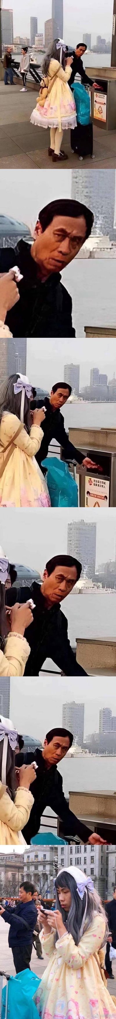 这是一组由多张实拍图组成的连环梗图，利用街头的视觉错位制造出荒诞搞笑的效果：前几张图中，前景穿着洛丽塔裙装的人物，和背景里的大叔头部完美重叠，看起来像是一个有着大叔脸的“洛丽塔”，营造出强烈的违和感与迷惑感；最后一张图揭晓真相，原来是穿洛丽塔的小哥和背景大叔的位置巧合，形成了错位错觉，反差感拉满。
无谐音梗或双关，纯靠视觉错位制造笑点。