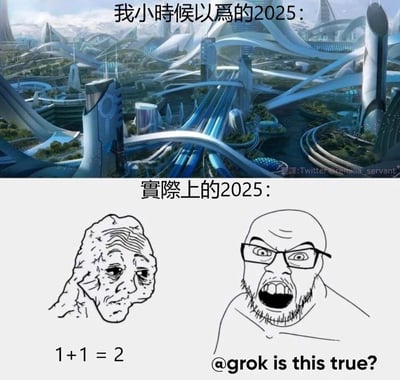 这是一张上下分栏的对比类网络梗图，上半部分配文“我小时候以为的2025：”，展示了一幅充满未来感的科幻都市景象，有着流线型的摩天大楼、交错的空中轨道，代表着人们曾经对2025年科技高度发达的憧憬想象；下半部分配文“实际上的2025：”，左侧是一个面容极度沧桑、疲惫无神的老人形象，下方标注基础数学公式“1+1 = 2”，右侧是一个双眼圆睁、大张嘴巴、愤怒抓狂的光头戴眼镜形象，配文“@grok is this true?”。整图通过强烈的视觉与内容反差，调侃了曾经想象中高度科技化的未来，与现实中人们依赖AI、连基础数学问题都要向AI求证的荒诞现状之间的巨大落差，讽刺了当下部分人对人工智能的过度依赖。