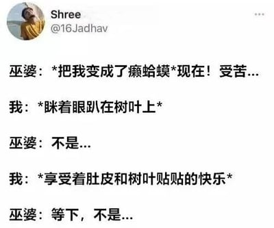 这是一张社交媒体截图形式的搞笑对话梗图。内容描绘了巫婆试图将“我”变成癞蛤蟆使其受苦，但“我”却享受趴在树叶上肚皮贴树叶的快乐，形成强烈反差萌。巫婆的无奈与“我”的惬意构成幽默效果，其中“贴贴”一词增添网络流行感。