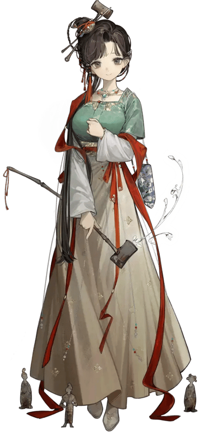这是一幅AI生成的古风插画，画面主体是一位身着改良汉服的温婉少女：她上身穿着青绿色方领短衫，内搭白色长袖，下身是绣有金色细碎纹样的米黄色齐腰长裙，裙身搭配着垂坠感十足的红色长飘带，飘带上还点缀着串珠装饰，增添了精致感。少女的发型古典精致，发髻上别着一个造型独特的小锤子发饰，脖颈间佩戴着镶嵌彩色宝石的项链，腰间挂着蓝白花纹的荷包。她一手轻按在胸前，一手握着带有长柄的小锤子，锤子下方有一缕烟雾状的线条。少女脚边摆放着三个造型古朴的小型陶俑，风格类似古代人俑。整体画风细腻柔和，色彩搭配雅致协调，充满古典韵味。