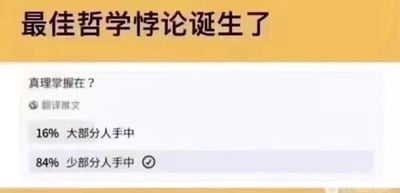 这是一张充满逻辑悖论趣味的社交平台投票截图，顶部黄色区域标注“最佳哲学悖论诞生了”，下方是投票问题“真理掌握在？”，附带“翻译推文”标识。投票设置了两个选项：16%的参与者选择“大部分人手中”，84%的参与者选择“少部分人手中”，且该选项被勾选。这个投票形成了一个经典的自我指涉悖论：若真理掌握在少部分人手中，但有84%的人都选择了这个选项，那么这部分选择的人就成为了“大部分人”，与选项本身的“少部分人”形成逻辑矛盾，从而制造出荒诞又有趣的讽刺效果，调侃了“真理归属”这一经典哲学议题。