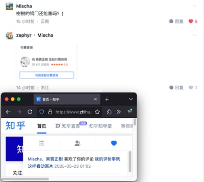 图片展示了一个社交媒体对话界面和知乎网页截图的组合。上方是用户Mischa和zephyr的对话，Mischa提问："樹樹的鋼門還能塞嗎? ("，zephyr回复了一个付费咨询界面，显示可以向"東雲正樹"发起咨询，该用户有617次咨询记录和5.0的评分。下方是一个浏览器窗口显示知乎首页，其中包含一条通知："Mischa, 東雲正樹 喜欢你的评论 我的评价事就这样看动画片 2025-05-23 01:02"。
