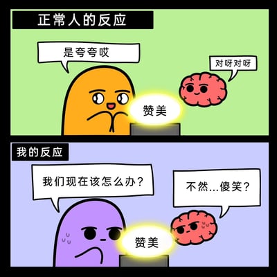 这是一幅采用上下分栏对比形式的卡通条漫，上栏标注“正常人的反应”，当出现“赞美”时，橙色卡通人物双手托着下巴，满脸欣喜地说“是夸夸哎”，旁边的拟人化大脑也开心地附和“对呀对呀”，呈现出坦然接受赞美、心情愉悦的状态；下栏标注“我的反应”，同样面对“赞美”，紫色卡通人物满脸慌张，额头冒汗，焦虑地问“我们现在该怎么办？”，旁边的拟人化大脑也眉头紧皱，纠结地提议“不然...傻笑？”，精准刻画了社恐人群面对正向评价时手足无措、不知如何回应的窘迫与尴尬，通过强烈的情绪反差，调侃了社恐人群的社交困境。