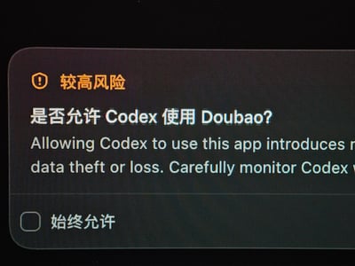 这张图是对电子设备屏幕的翻拍照片，呈现了一个深色背景的系统权限申请提示弹窗：弹窗左上角有橙色带感叹号的警示图标，旁注“较高风险”字样；主体询问内容为白色的“是否允许Codex使用Doubao？”，下方搭配部分显示不全的英文提示，内容大意是允许Codex使用该应用会引入数据被盗或丢失的风险，需要谨慎监控Codex的使用；弹窗底部左侧有未勾选的复选框，旁注“始终允许”的选项文字。