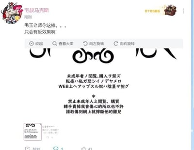 这是一张带有微博风格的社交媒体截图，用户“宅叔马克斯”发布内容吐槽“毛玉老师”的行为会起到反效果，附带的图片是一张包含日文和繁体中文的警示图，内容为禁止未成年人观看、购买相关内容，禁止转卖，并且用粗俗的话语威胁禁止将内容上传到网络。这类警示语常见于日本同人创作的相关物料中，创作者试图用过激的表述来防止内容扩散，但这种夸张的表述反而可能引发更多关注，因此发布者吐槽其会起到反效果。
