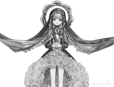 这是一幅黑白手绘风格的原创插画，画面主体是一位融合葬礼元素的洛丽塔风格少女。少女头戴类似棺椁造型的头冠，披着的长纱向两侧展开，胸前领结上有一枚写着“奠”字的徽章，裙摆由大量菊花图案构成，双手交叠置于身前，面部表情平静淡漠，整体氛围肃穆又充满暗黑哥特感。
无双关、谐音梗或暗示内容。