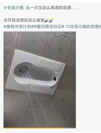 这是一张来自微博的社交媒体截图，图中展示了一个完全打破常规认知的荒诞场景：一个白色蹲便器被安装在天花板上，蹲便器的出水孔正在向外喷出水流，被博主调侃成“离谱的花洒”。博主配文“头一次见这么离谱的花洒……点开前没想到这么离谱🤣🤣”，并带上#暑假冲浪计划##夏日整活日记#话题，通过将如厕用的蹲便器进行违背常识的安装，把它伪装成“花洒”，制造出强烈的反差感，营造出滑稽搞笑的效果，让人感到荒诞又新奇。