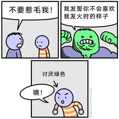 这是一则三格冷幽默连环漫画。第一格中，一名无条纹的紫色卡通人物愤怒地对着穿条纹上衣的紫色卡通人物喊话：“不要惹毛我！”；第二格中，无条纹紫人变身成绿色的凶狠形象，攥紧拳头放狠话：“我发誓你不会喜欢我发火时的样子”，模仿了类似“绿巨人”变身威慑的设定；第三格中，条纹紫人看到绿色的变身形象后，惊讶地喊出“噢！”，旁白标注“讨厌绿色”，点明这个角色的不满点恰好是绿色，让前者的变身威慑完全失效，通过这种反差制造出搞笑的效果。