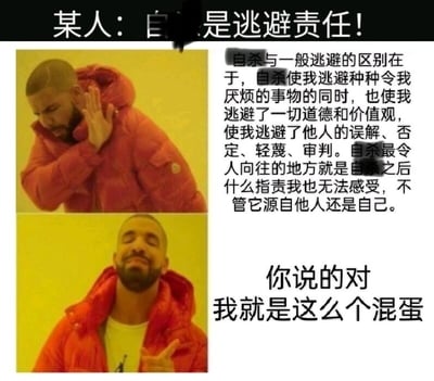 这是一张基于经典Drake梗图模板创作的上下对比图文混排图，围绕“自杀是否为逃避责任”的争议话题展开。图中顶部是他人的指责“自杀是逃避责任！”，搭配上半部分德雷克皱眉摆手、拒绝认可的动作表情；右侧对应一段文字，从当事人的视角阐述自杀的“意义”：不仅能逃避令自己厌烦的事物，更能脱离道德与价值观的约束，躲开他人的误解、否定、轻蔑与审判，甚至在死后无需承受任何来自他人或自我的指责。下半部分则是德雷克面带笑意、指向自己的认可动作，配文“你说的对 我就是这么个混蛋”，以自暴自弃、破罐破摔的态度回应外界指责，传递出当事人深陷负面情绪，对外界评价彻底无所谓，同时充满自我否定与绝望的心境。