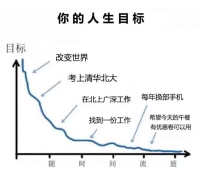 这是一张以折线图形式呈现的趣味自嘲图表，标题为“你的人生目标”，横轴标注“随时间流逝”，纵轴代表目标的层级高度。蓝色折线随着时间推移持续下降，对应标注的人生目标也从最初的宏大理想“改变世界”，依次降低为“考上清华北大”“在北上广深工作”“找到一份工作”，最终变成非常贴近日常的微小愿望“每年换部手机”“希望今天的午餐有优惠券可以用”。该图通过目标逐步缩水的变化，生动调侃了许多人在成长过程中，被现实打磨后理想逐渐褪去锋芒，目标越来越务实、越来越贴近琐碎日常的状态，精准戳中了当代人的共鸣点，充满自嘲意味。