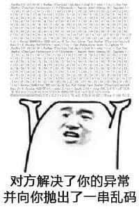图片上方为一串密集的无意义乱码字符，下方是一个表情夸张的网络表情包人物头像，人物嘴巴大张，呈现出惊讶或张口结舌的神态。图片底部配有文字：“对方解决了你的异常并向你抛出了一串乱码”，整体通过幽默的方式表达在解决某个问题后又遇到新的混乱情况，常见于吐槽技术故障或沟通中的意外状况。