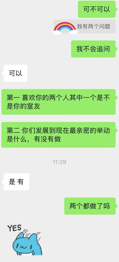 这是一组微信聊天截图，内容主要围绕一个朋友情感话题的八卦问答：包括“喜欢的人是不是室友”，以及“最亲密的举动有没有做”，问答带有一些暧昧和调侃的气氛。问答结尾用了经典YES猫表情包，进一步强化了回答的确定感和可爱趣味。整体氛围轻松带“吃瓜”气质，配图也让梗的表意更直接。
梗点：YES猫表情包用作对私密八卦回答，再现网络圈经典聊天答疑风格。无谐音梗，但对亲密举动有轻微暗示性。