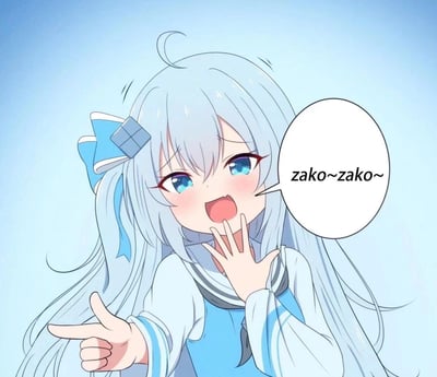 这是一张AI生成的二次元静态卡通图，画面主体是一位浅蓝长发、扎着蓝白蝴蝶结的萌系少女。她的眼眸泛着水光，脸颊泛起红晕，一只手捂着嘴巴，另一只手做出类似邀请的指向手势，张嘴喊出"zako~zako~"的拟声词，整体姿态娇俏活泼，氛围软萌可爱，是适合用来卖萌互动的表情包素材。