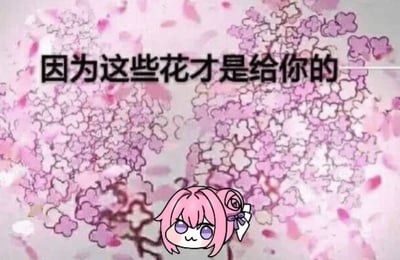 图片背景是漫天飞舞的粉色樱花花瓣，营造出浪漫唯美的氛围。右下角有一个卡通形象Doro，它有着粉色的头发，扎着一个小发髻，紫色的眼睛带着温柔的神情，正微微歪头看向画面。图片中央偏上位置有一行黑色文字：“因为这些花才是给你的”，传递出一种温馨送礼的情感。