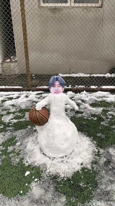 这是一张趣味玩梗的合成图片，在户外残留积雪的场地上，有人用雪堆出了一个做出运球姿势的人形，将蔡徐坤的脸部图片合成在雪人的头部位置，雪人一只手搭在斯伯丁篮球上，还原了蔡徐坤曾经引发热议的打篮球的经典造型，背景是带有积雪的金属围栏和灰色建筑，地面是夹杂着积雪的草地，整体是结合网络热梗的趣味创意创作。