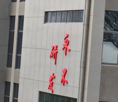 图片展示了一栋灰色外墙的建筑局部，墙面上竖直排列着红色立体汉字标识‘永禾研发’。建筑外立面有规则的窗户分布，右侧可见一根灰色排水管，整体构图清晰，标识醒目。
