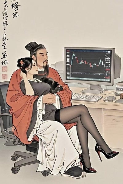 这幅图像呈现了一个极具反差感的荒诞场景：一位身着传统红色长袍、梳着古代发髻的男子，怀中抱着一位穿着现代黑色短裙、黑色丝袜和高跟鞋的女子，两人一同注视着电脑屏幕上显示的股票走势图。男子的传统装扮与女子的现代服饰形成鲜明对比，而整个古代人物与现代办公环境（电脑、键盘、鼠标、书籍）的组合更是创造出一种时空错乱的幽默效果。左侧还有传统的中国书法文字，进一步强化了古今融合的荒诞感。