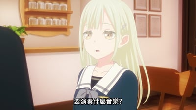动漫《MyGO!》中的场景截图，画面中是一位金发少女，身着深蓝色水手服，领口有白色镶边并系着灰色蝴蝶结。她站在室内，背景有木质货架（上放玻璃罐）和墙上的相框。少女表情略带疑惑，下方字幕显示她询问“要演奏什麼音樂?”。
