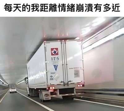 图片上方有黑色文字“每天的我距离情绪崩溃有多近”，下方是一张在隧道中行驶的白色卡车照片。卡车体积庞大，几乎贴近隧道右侧墙壁，营造出一种狭窄、压迫的视觉效果，通过卡车与隧道壁的近距离，隐喻日常生活中人们濒临情绪崩溃的状态，整体画面传递出紧张和压抑的氛围。