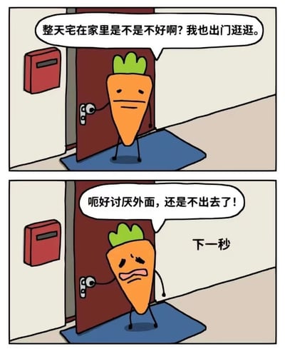 这是一幅两格连环漫画，描绘了一个拟人化的胡萝卜角色的内心挣扎。上格中，胡萝卜站在打开的门前，表情平静地思考："整天宅在家里是不是不好啊? 我也出门逛逛。" 下格中，仅仅过了一秒钟，胡萝卜就皱着眉头、撇着嘴，一脸厌恶地说："呃好讨厌外面，还是不出去了!"，同时做出关门的动作。漫画通过夸张的时间反差和表情变化，幽默地展现了许多人想要出门却又迅速打退堂鼓的真实心理状态，充满生活气息和共鸣感。
